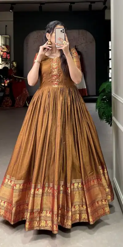 YNF 5316 Mustard Color Narayan pet (cotton) Zari weaving work Gown Casual, Wedding, Festive, Events . Expected Delivery 4-6 Working Days @1799/- only | Bollywood Gowns, Creative Gowns, Designer Gowns, Embroidered Gowns, Gowns, Party Wear Gowns