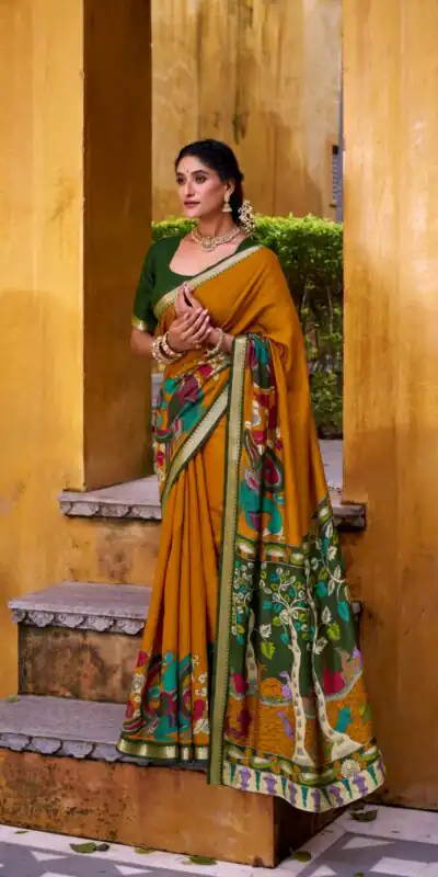 YNF 7048 Mustard Color Polyester Chanderi Kalamkari Weaving Work Saree Casual, Wedding, Festive, Events . Expected Delivery  4-6 Working Days @1499/- only                                | Embroidered Sarees, Bollywood Sarees, Creative Sarees, Designer Sarees, Ethnic Saree, Modern Digital sarees, Party Wear Sarees, Sarees