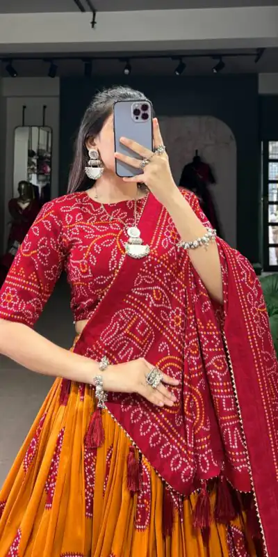 LNB 1229 Mustard Color Tasar Silk Bandhej Print Lehenga Choli Wedding, Party, Festive, Events Etc. Delivery 4-6 Working Days Rs 2249 | Creative Lehenga, Bollywood Lehenga, Designer Lehenga, Embroidered Lehenga, Lehenga, Party Wear Lehenga