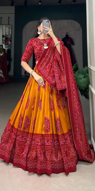 LNB 1229 Mustard Color Tasar Silk Bandhej Print Lehenga Choli Wedding, Party, Festive, Events Etc. Delivery 4-6 Working Days Rs 2249 | Creative Lehenga, Bollywood Lehenga, Designer Lehenga, Embroidered Lehenga, Lehenga, Party Wear Lehenga