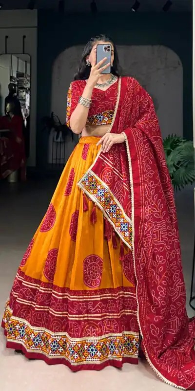 LNB 1736 Mustard Color Tasar Silk Bandhej Print And Gamthi Work Lehenga Choli Wedding, Party, Festive, Events Etc. Delivery 4-6 Working Days Rs 3499 | Bollywood Lehenga, Creative Lehenga, Designer Lehenga, Embroidered Lehenga, Lehenga, Party Wear Lehenga
