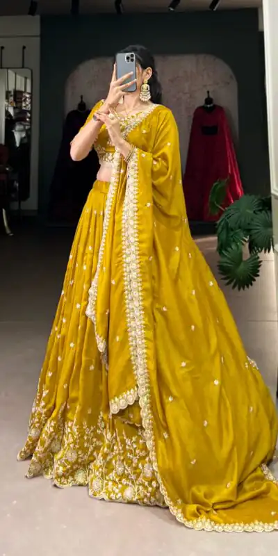 LNB 1415 Mustard Color Vichitra Silk Sequins Thread Embroidery Work Lehenga Choli Wedding, Party, Festive, Events Etc. Delivery 4-6 Working Days Rs 3199 | Bollywood Lehenga, Creative Lehenga, Designer Lehenga, Embroidered Lehenga, Lehenga, Party Wear Lehenga