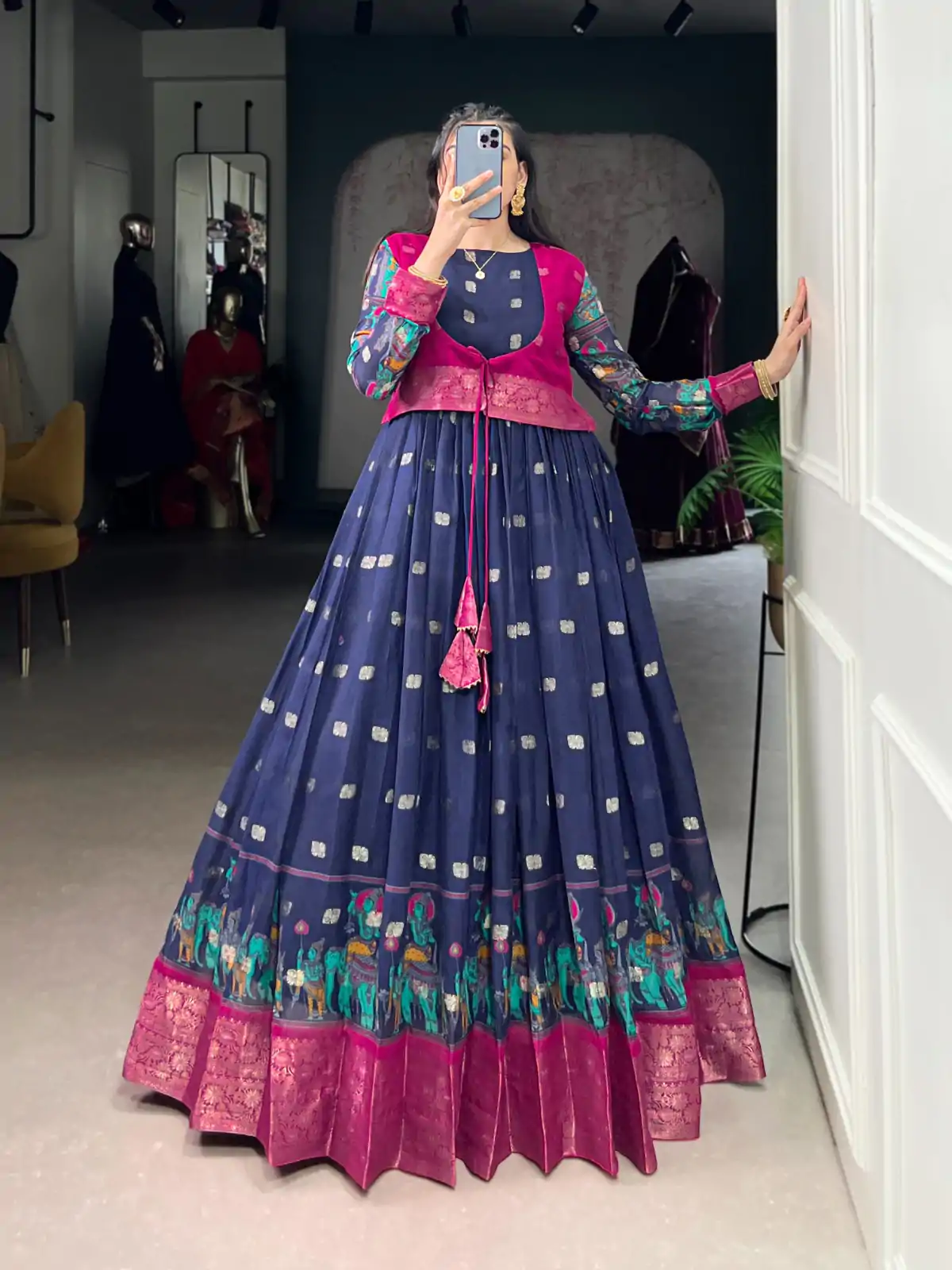YNF 5031 Navy Blue Color Cotton Kalamkari Print Zari Weaving Work Gown Casual, Wedding, Festive, Events . Expected Delivery  4-6 Working Days @1999/- only      | Bollywood Gowns, Creative Gowns, Designer Gowns, Embroidered Gowns, Gowns, Party Wear Gowns