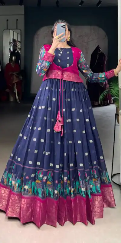 YNF 5031 Navy Blue Color Cotton Kalamkari Print Zari Weaving Work Gown Casual, Wedding, Festive, Events . Expected Delivery  4-6 Working Days @1999/- only      | Bollywood Gowns, Creative Gowns, Designer Gowns, Embroidered Gowns, Gowns, Party Wear Gowns