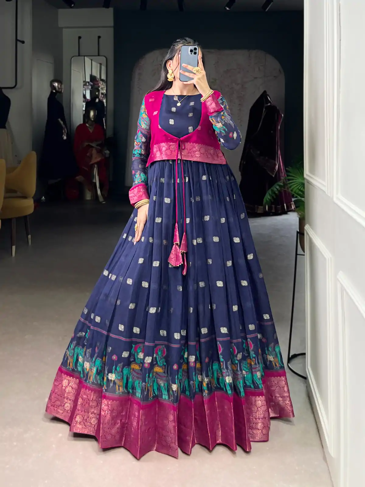 YNF 5031 Navy Blue Color Cotton Kalamkari Print Zari Weaving Work Gown Casual, Wedding, Festive, Events . Expected Delivery  4-6 Working Days @1999/- only      | Bollywood Gowns, Creative Gowns, Designer Gowns, Embroidered Gowns, Gowns, Party Wear Gowns