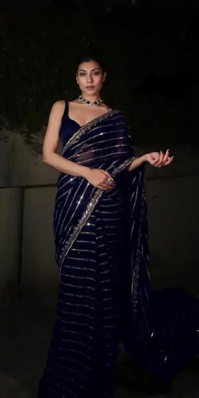 DF 3393 Navy Blue Color Georgette 5MM Sequins Embroidery Work Saree Casual, Wedding, Festive, Events . Expected Delivery  4-6 Working Days @1799/- only                                                 | Embroidered Sarees, Bollywood Sarees, Creative Sarees, Designer Sarees, Ethnic Saree, Modern Digital sarees, Party Wear Sarees, Sarees