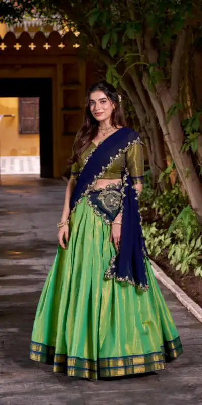 LNB 2009 Navy Blue Elevate your style with the Navy Blue Kanchipuram Weaving Lehenga Choli, featuring stunning zari work and a comfortable drawstring fit. | Creative Lehenga, Bollywood Lehenga, Designer Lehenga, Embroidered Lehenga, Lehenga, Party Wear Lehenga