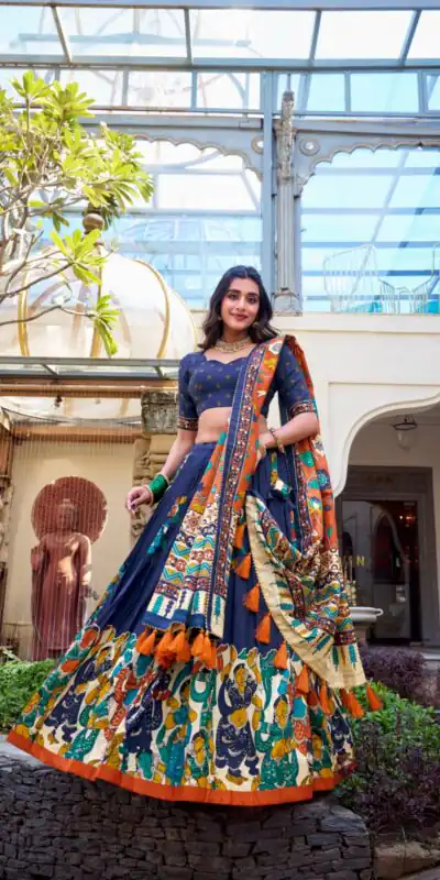 LNB 1236 Navy Blue Color Tasar Silk Kalamkari Print With Foil Work Lehenga Choli Wedding, Party, Festive, Events Etc. Delivery 4-6 Working Days Rs 2449 | Creative Lehenga, Bollywood Lehenga, Designer Lehenga, Embroidered Lehenga, Lehenga, Party Wear Lehenga