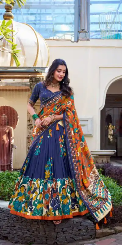 LNB 1236 Navy Blue Color Tasar Silk Kalamkari Print With Foil Work Lehenga Choli Wedding, Party, Festive, Events Etc. Delivery 4-6 Working Days Rs 2449 | Creative Lehenga, Bollywood Lehenga, Designer Lehenga, Embroidered Lehenga, Lehenga, Party Wear Lehenga