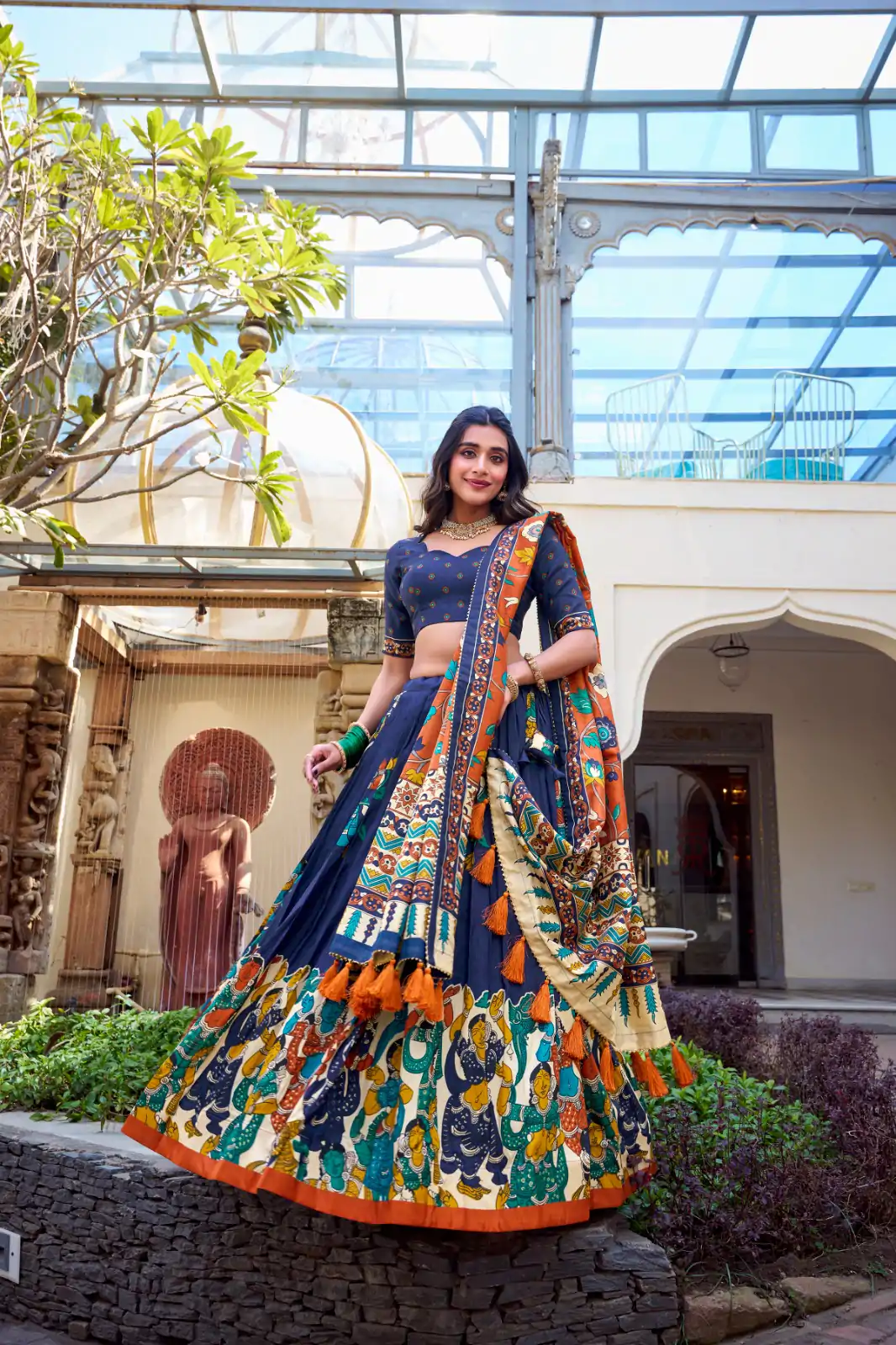 LNB 1236 Navy Blue Color Tasar Silk Kalamkari Print With Foil Work Lehenga Choli Wedding, Party, Festive, Events Etc. Delivery 4-6 Working Days Rs 2449 | Creative Lehenga, Bollywood Lehenga, Designer Lehenga, Embroidered Lehenga, Lehenga, Party Wear Lehenga