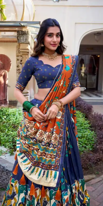 LNB 1236 Navy Blue Color Tasar Silk Kalamkari Print With Foil Work Lehenga Choli Wedding, Party, Festive, Events Etc. Delivery 4-6 Working Days Rs 2449 | Creative Lehenga, Bollywood Lehenga, Designer Lehenga, Embroidered Lehenga, Lehenga, Party Wear Lehenga