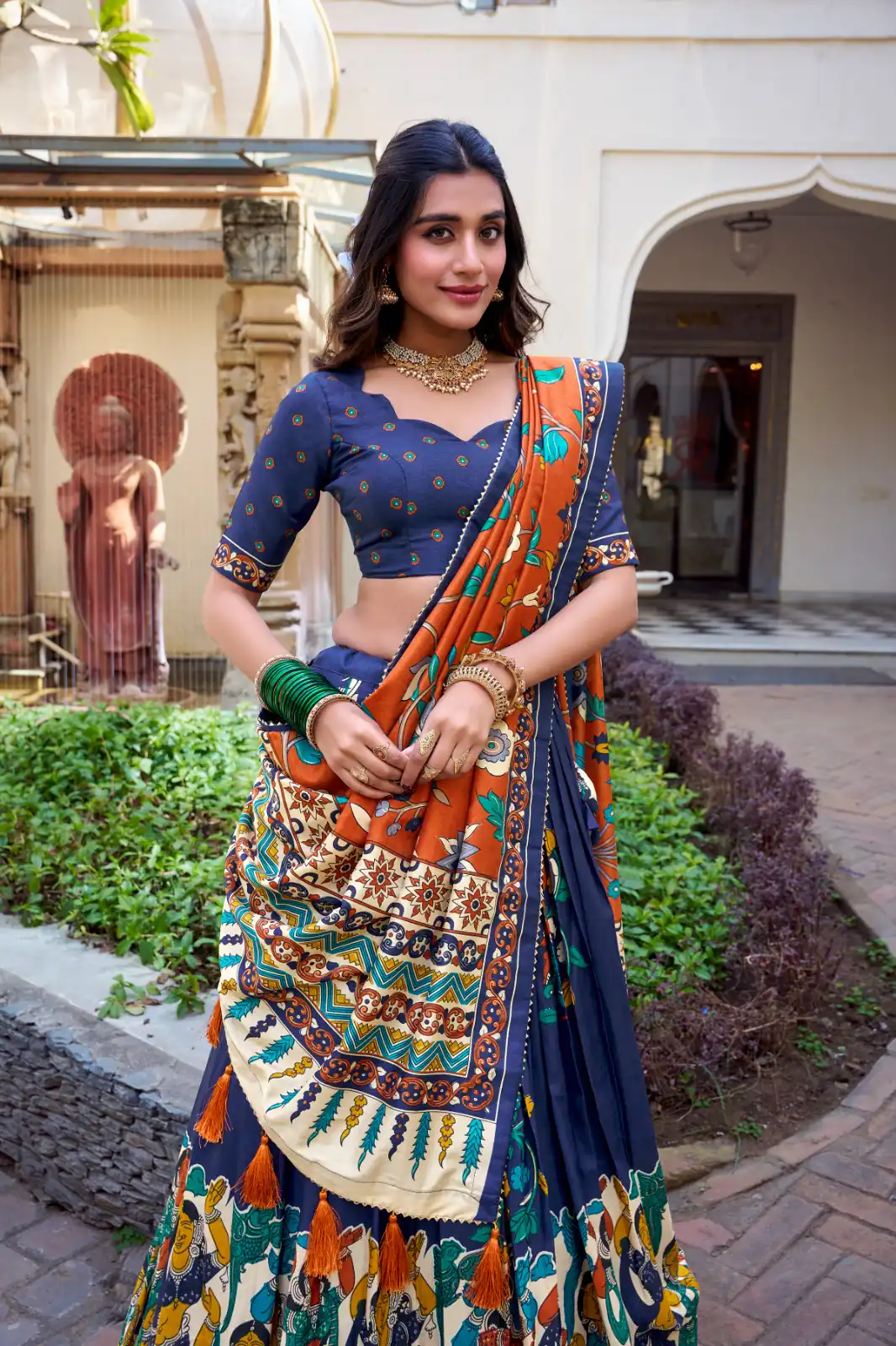 LNB 1236 Navy Blue Color Tasar Silk Kalamkari Print With Foil Work Lehenga Choli Wedding, Party, Festive, Events Etc. Delivery 4-6 Working Days Rs 2449 | Creative Lehenga, Bollywood Lehenga, Designer Lehenga, Embroidered Lehenga, Lehenga, Party Wear Lehenga