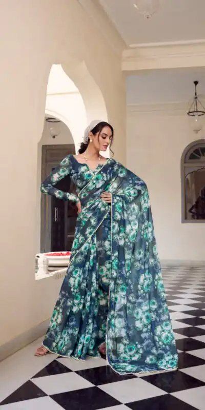 YNF 7042 Navy Blue Color Weightless Marbal Floral Printed Border Saree Casual, Wedding, Festive, Events . Expected Delivery  4-6 Working Days @1549/- only                                                                                | Embroidered Sarees, Bollywood Sarees, Creative Sarees, Designer Sarees, Ethnic Saree, Modern Digital sarees, Party Wear Sarees, Sarees