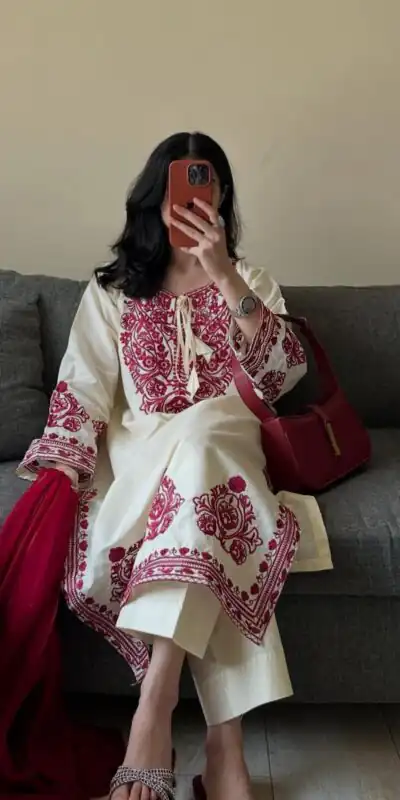 BE 386 Off White Color Roman Silk Embroidery Work Salwar Suit Casual, Wedding, Festive, Events . Expected Delivery  4-6 Working Days @1899/- only      | Casual Suits, Jump Suits, Creative suits, Designer Suits, Palazzo Suits, Party Wear Suits, Patiala Suits, Salwar suit, Straight Suits