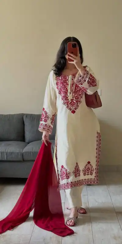 BE 386 Off White Color Roman Silk Embroidery Work Salwar Suit Casual, Wedding, Festive, Events . Expected Delivery  4-6 Working Days @1899/- only      | Casual Suits, Jump Suits, Creative suits, Designer Suits, Palazzo Suits, Party Wear Suits, Patiala Suits, Salwar suit, Straight Suits