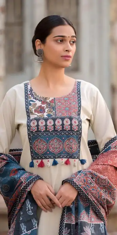 LG 1992 Off White Color Roman Silk Printed Patch Work  Salwar Suit Casual, Wedding, Festive, Events . Expected Delivery  4-6 Working Days @1899/- only      | Casual Suits, Jump Suits, Creative suits, Designer Suits, Palazzo Suits, Party Wear Suits, Patiala Suits, Salwar suit, Straight Suits