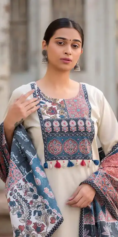 LG 1992 Off White Color Roman Silk Printed Patch Work  Salwar Suit Casual, Wedding, Festive, Events . Expected Delivery  4-6 Working Days @1899/- only      | Casual Suits, Jump Suits, Creative suits, Designer Suits, Palazzo Suits, Party Wear Suits, Patiala Suits, Salwar suit, Straight Suits