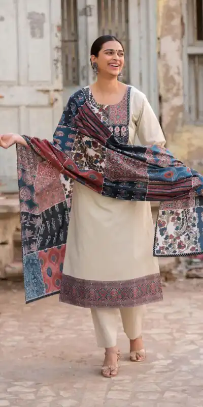 LG 1992 Off White Color Roman Silk Printed Patch Work  Salwar Suit Casual, Wedding, Festive, Events . Expected Delivery  4-6 Working Days @1899/- only      | Casual Suits, Jump Suits, Creative suits, Designer Suits, Palazzo Suits, Party Wear Suits, Patiala Suits, Salwar suit, Straight Suits