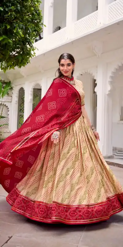 LNB 1250 Off White Color Tasar Silk Bandhej Print With Gotta Patti Lace Lehenga Choli Festive Party Wedding, Events etc. Delivery 4-6 Working Days @2149/- | Creative Lehenga, Bollywood Lehenga, Designer Lehenga, Embroidered Lehenga, Lehenga, Party Wear Lehenga
