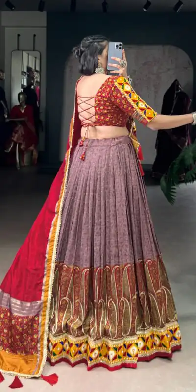 LNB 1745 Onion Color Tasar Silk Kashmiri Foil Print Gamthi Work Sequins Lehenga Choli Wedding, Party, Festive, Events Etc. Delivery 4-6 Working Days Rs 2999 | Creative Lehenga, Bollywood Lehenga, Designer Lehenga, Embroidered Lehenga, Lehenga, Party Wear Lehenga