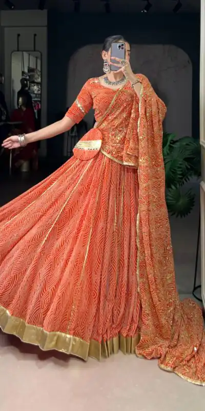 LNB 1701 Orange Color Georgette Bandhej Print And Embossed Lace Lehenga Choli Wedding, Party, Festive, Events Etc. Delivery 4-6 Working Days Rs 3999 | Bollywood Lehenga, Creative Lehenga, Designer Lehenga, Embroidered Lehenga, Lehenga, Party Wear Lehenga
