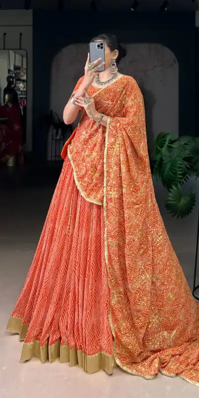 LNB 1701 Orange Color Georgette Bandhej Print And Embossed Lace Lehenga Choli Wedding, Party, Festive, Events Etc. Delivery 4-6 Working Days Rs 3999 | Bollywood Lehenga, Creative Lehenga, Designer Lehenga, Embroidered Lehenga, Lehenga, Party Wear Lehenga