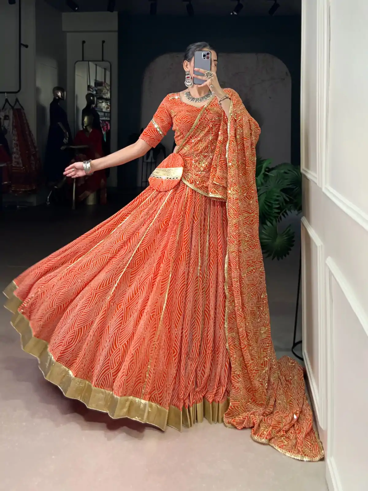 LNB 1701 Orange Color Georgette Bandhej Print And Embossed Lace Lehenga Choli Wedding, Party, Festive, Events Etc. Delivery 4-6 Working Days Rs 3999 | Bollywood Lehenga, Creative Lehenga, Designer Lehenga, Embroidered Lehenga, Lehenga, Party Wear Lehenga
