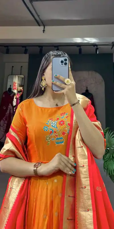 YNF 5302 Orange Color Jacquard Silk Paithani Designer Gown Casual, Wedding Festive, Events, Designer Party Wear Expected Delivery 4-6 Working Days @2549 | Bollywood Gowns, Creative Gowns, Designer Gowns, Embroidered Gowns, Gowns, Party Wear Gowns