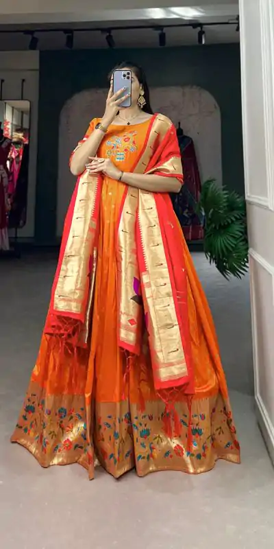YNF 5302 Orange Color Jacquard Silk Paithani Designer Gown Casual, Wedding Festive, Events, Designer Party Wear Expected Delivery 4-6 Working Days @2549 | Bollywood Gowns, Creative Gowns, Designer Gowns, Embroidered Gowns, Gowns, Party Wear Gowns