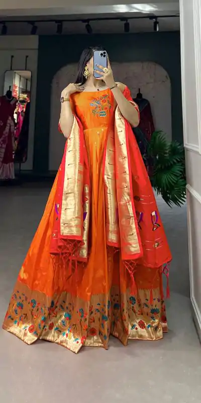 YNF 5302 Orange Color Jacquard Silk Paithani Designer Gown Casual, Wedding Festive, Events, Designer Party Wear Expected Delivery 4-6 Working Days @2549 | Bollywood Gowns, Creative Gowns, Designer Gowns, Embroidered Gowns, Gowns, Party Wear Gowns
