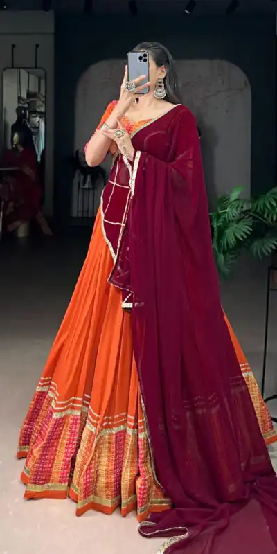 LNB 1634 Orange Color Pure Rayon Bandhej Print Sequins Lace Boarder Lehenga Choli Wedding, Party, Festive, Events Etc. Delivery 4-6 Working Days Rs 3199 | Creative Lehenga, Bollywood Lehenga, Designer Lehenga, Embroidered Lehenga, Lehenga, Party Wear Lehenga