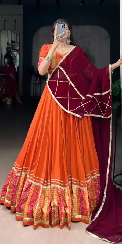 LNB 1634 Orange Color Pure Rayon Bandhej Print Sequins Lace Boarder Lehenga Choli Wedding, Party, Festive, Events Etc. Delivery 4-6 Working Days Rs 3199 | Creative Lehenga, Bollywood Lehenga, Designer Lehenga, Embroidered Lehenga, Lehenga, Party Wear Lehenga