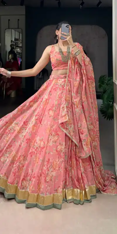 LNB 1672 Peach Color Chiffon Floral Print Foil Print Embossed Design Lehenga Choli Wedding, Party, Festive, Events Etc. Delivery 4-6 Working Days Rs 3099 | Creative Lehenga, Bollywood Lehenga, Designer Lehenga, Embroidered Lehenga, Lehenga, Party Wear Lehenga