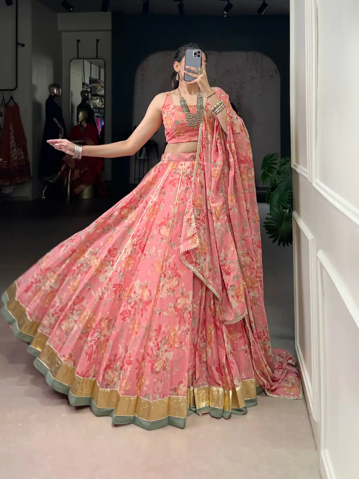 LNB 1672 Peach Color Chiffon Floral Print Foil Print Embossed Design Lehenga Choli Wedding, Party, Festive, Events Etc. Delivery 4-6 Working Days Rs 3099 | Creative Lehenga, Bollywood Lehenga, Designer Lehenga, Embroidered Lehenga, Lehenga, Party Wear Lehenga