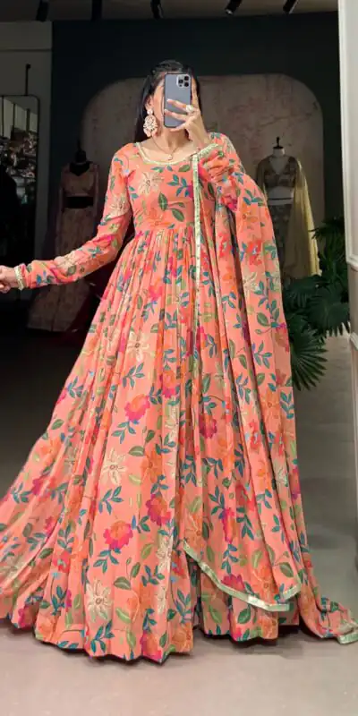 YNF 5010 Peach Color Georgette Floral Print With Lace Touch Up Gown Casual, Wedding, Festive, Events . Expected Delivery  4-6 Working Days @1849/- only      | Bollywood Gowns, Creative Gowns, Designer Gowns, Embroidered Gowns, Gowns, Party Wear Gowns