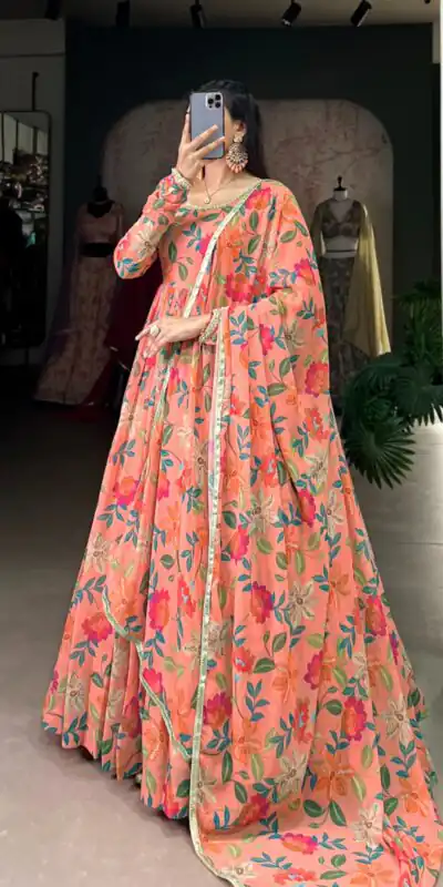 YNF 5010 Peach Color Georgette Floral Print With Lace Touch Up Gown Casual, Wedding, Festive, Events . Expected Delivery  4-6 Working Days @1849/- only      | Bollywood Gowns, Creative Gowns, Designer Gowns, Embroidered Gowns, Gowns, Party Wear Gowns