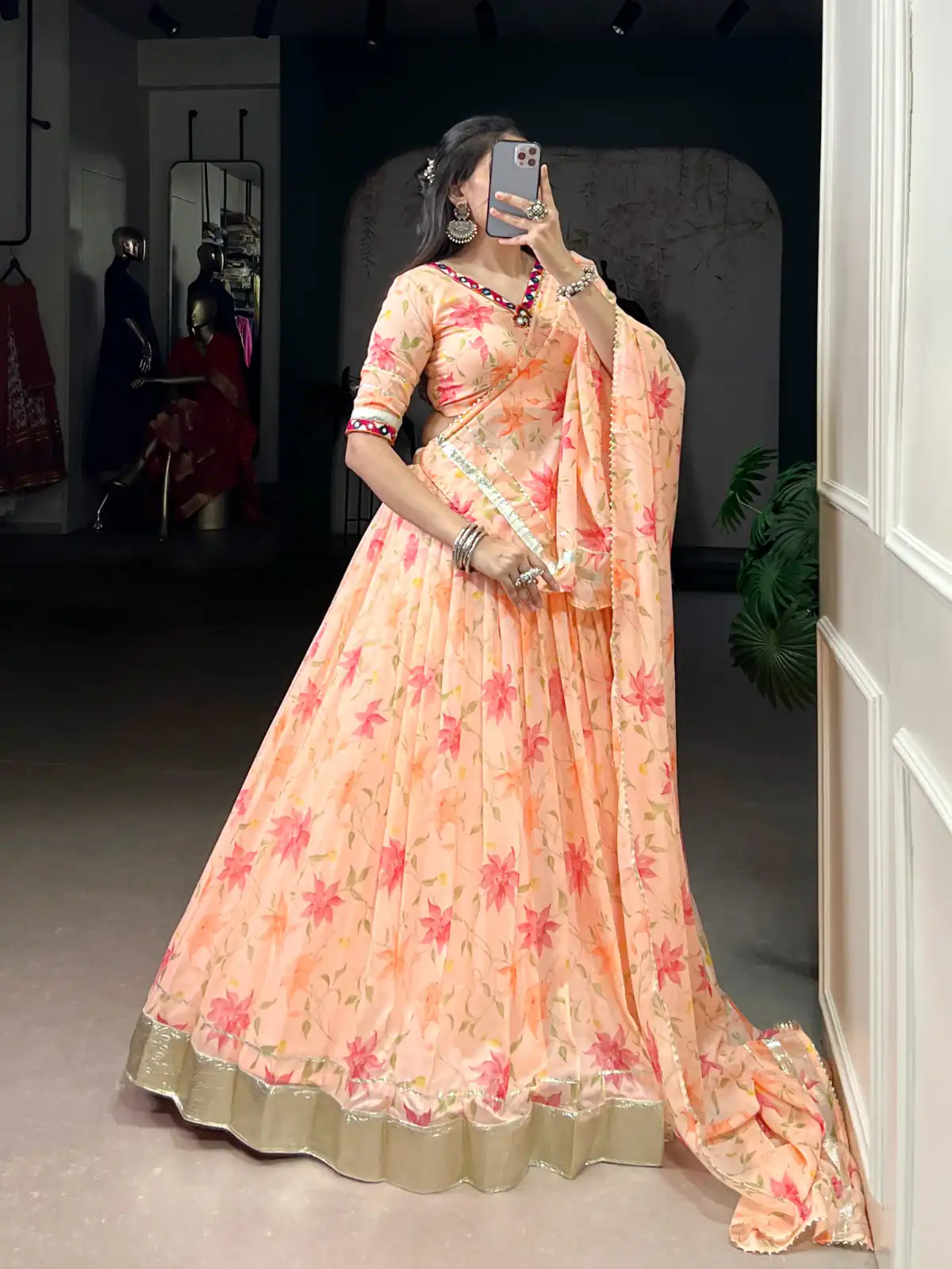 LNB 1716 Peach Color Tabby Silk Floral Print Embossed Design Lace Lehenga Choli Wedding, Party, Festive, Events Etc. Delivery 4-6 Working Days Rs 2499 | Creative Lehenga, Bollywood Lehenga, Designer Lehenga, Embroidered Lehenga, Lehenga, Party Wear Lehenga