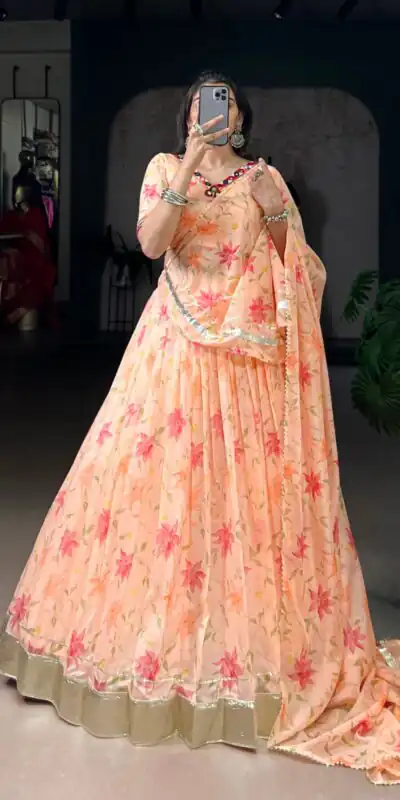 LNB 1716 Peach Color Tabby Silk Floral Print Embossed Design Lace Lehenga Choli Wedding, Party, Festive, Events Etc. Delivery 4-6 Working Days Rs 2499 | Creative Lehenga, Bollywood Lehenga, Designer Lehenga, Embroidered Lehenga, Lehenga, Party Wear Lehenga