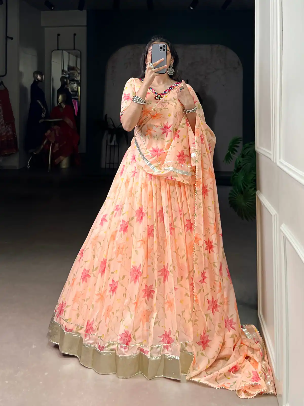 LNB 1716 Peach Color Tabby Silk Floral Print Embossed Design Lace Lehenga Choli Wedding, Party, Festive, Events Etc. Delivery 4-6 Working Days Rs 2499 | Creative Lehenga, Bollywood Lehenga, Designer Lehenga, Embroidered Lehenga, Lehenga, Party Wear Lehenga