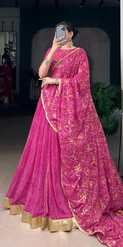 LNB 1701 Pink Color Georgette Bandhej Print And Embossed Lace Lehenga Choli Wedding, Party, Festive, Events Etc. Delivery 4-6 Working Days Rs 3999 | Bollywood Lehenga, Creative Lehenga, Designer Lehenga, Embroidered Lehenga, Lehenga, Party Wear Lehenga