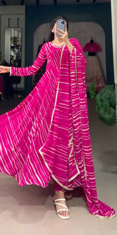 YNF 5026 Pink Color Georgette Leheriya Georgette With Lace Touch Up Gown Casual, Wedding, Festive, Events . Expected Delivery  4-6 Working Days @1799/- only      | Bollywood Gowns, Creative Gowns, Designer Gowns, Embroidered Gowns, Gowns, Party Wear Gowns