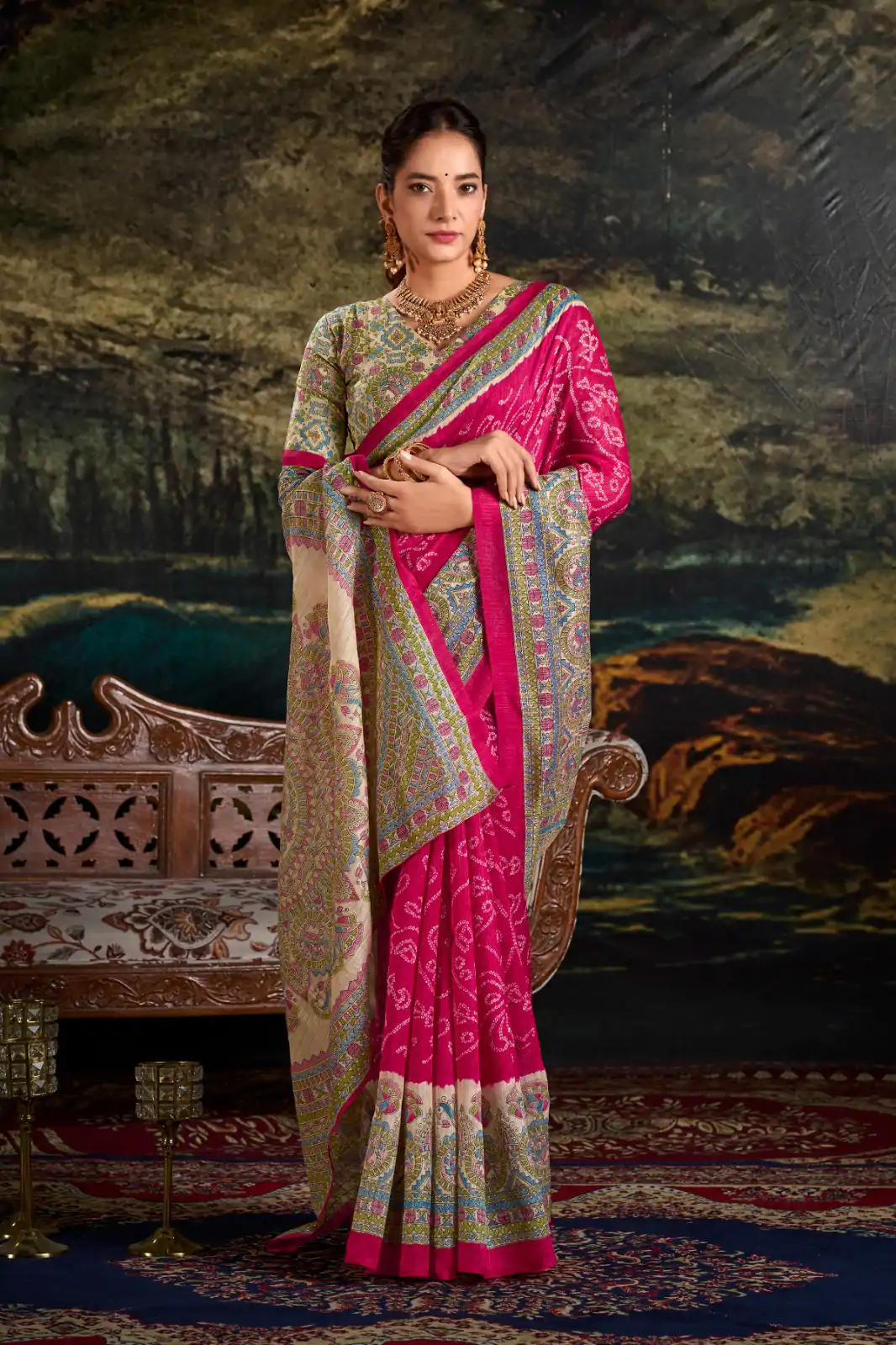 YNF 7209 Pink Color Green Silk Fusion Print Madhubani Bandhej Saree Casual, Wedding, Festive, Events . Expected Delivery  4-6 Working Days @1499/- only                                                                                | Creative Sarees, Embroidered Sarees, Bollywood Sarees, Designer Sarees, Ethnic Saree, Modern Digital sarees, Party Wear Sarees, Sarees