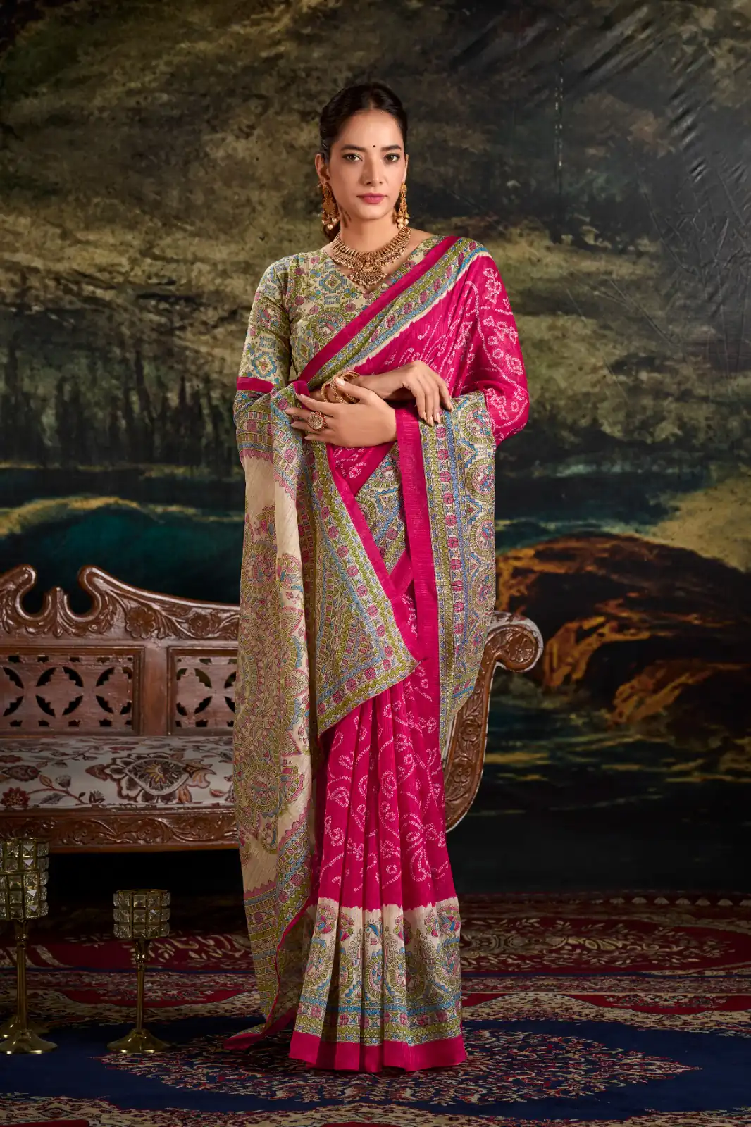 YNF 7209 Pink Color Green Silk Fusion Print Madhubani Bandhej Saree Casual, Wedding, Festive, Events . Expected Delivery  4-6 Working Days @1499/- only                                                                                | Creative Sarees, Embroidered Sarees, Bollywood Sarees, Designer Sarees, Ethnic Saree, Modern Digital sarees, Party Wear Sarees, Sarees