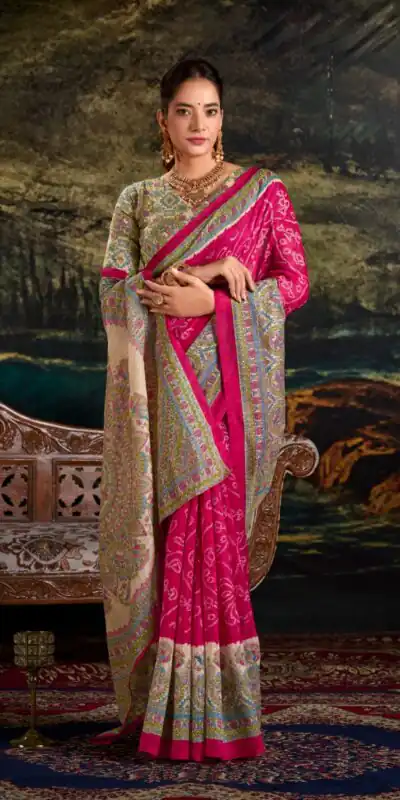 YNF 7209 Pink Color Green Silk Fusion Print Madhubani Bandhej Saree Casual, Wedding, Festive, Events . Expected Delivery  4-6 Working Days @1499/- only                                                                                | Creative Sarees, Embroidered Sarees, Bollywood Sarees, Designer Sarees, Ethnic Saree, Modern Digital sarees, Party Wear Sarees, Sarees