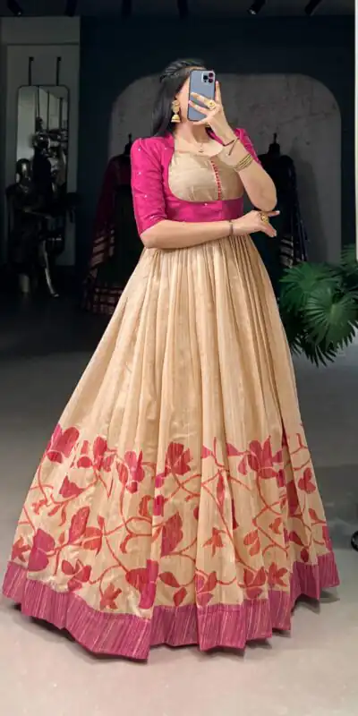YNF 5027 Pink Color Green Silk Printed Gown Casual, Wedding, Festive, Events . Expected Delivery  4-6 Working Days @1799/- only      | Bollywood Gowns, Creative Gowns, Designer Gowns, Embroidered Gowns, Gowns, Party Wear Gowns