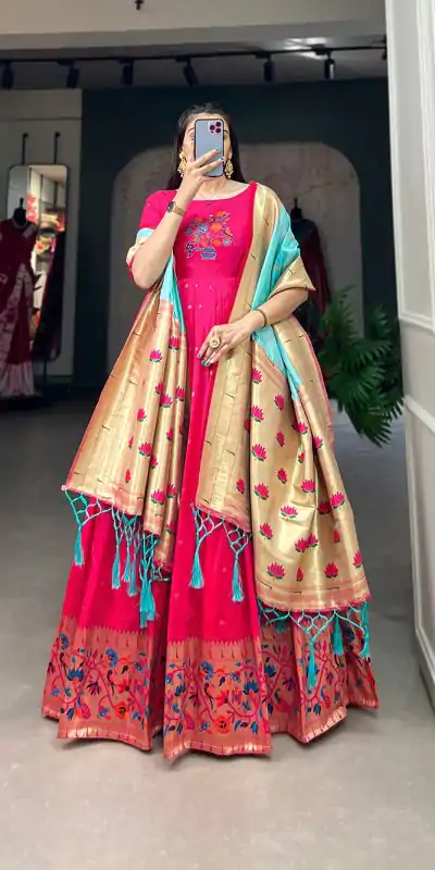YNF 5302 Pink Color Jacquard Silk Paithani Designer Gown Casual, Wedding, Festive, Events, Designer Party Wear,  Expected Delivery 4-6 Working Days @2549 | Bollywood Gowns, Creative Gowns, Designer Gowns, Embroidered Gowns, Gowns, Party Wear Gowns