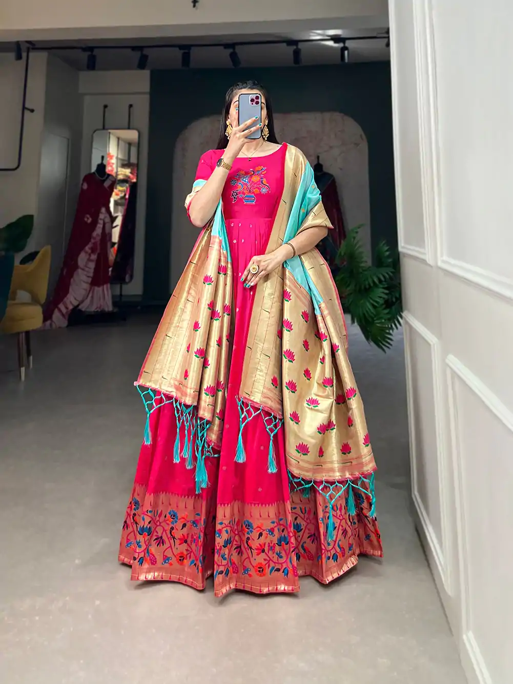 YNF 5302 Pink Color Jacquard Silk Paithani Designer Gown Casual, Wedding, Festive, Events, Designer Party Wear,  Expected Delivery 4-6 Working Days @2549 | Bollywood Gowns, Creative Gowns, Designer Gowns, Embroidered Gowns, Gowns, Party Wear Gowns