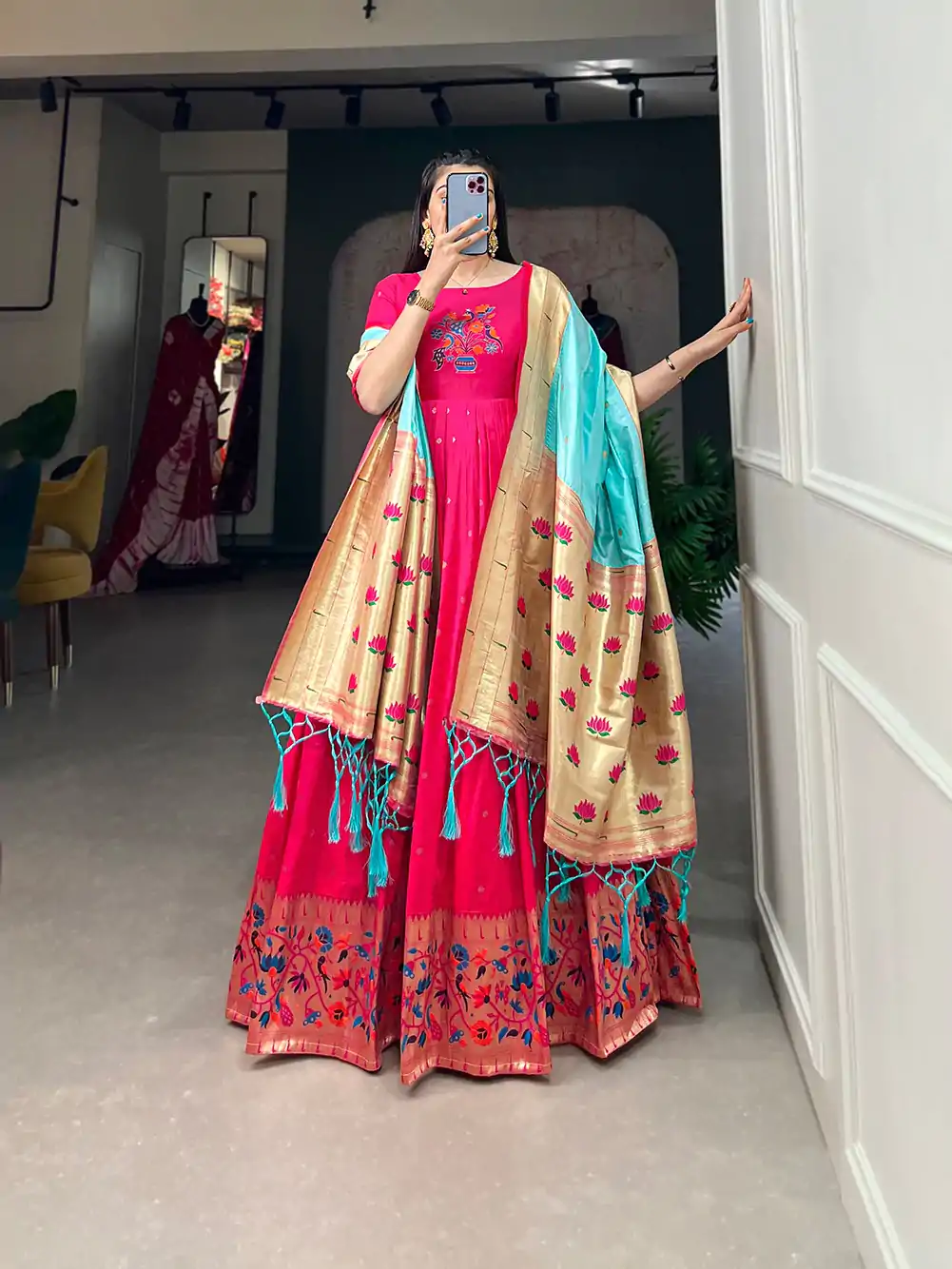 YNF 5302 Pink Color Jacquard Silk Paithani Designer Gown Casual, Wedding, Festive, Events, Designer Party Wear,  Expected Delivery 4-6 Working Days @2549 | Bollywood Gowns, Creative Gowns, Designer Gowns, Embroidered Gowns, Gowns, Party Wear Gowns