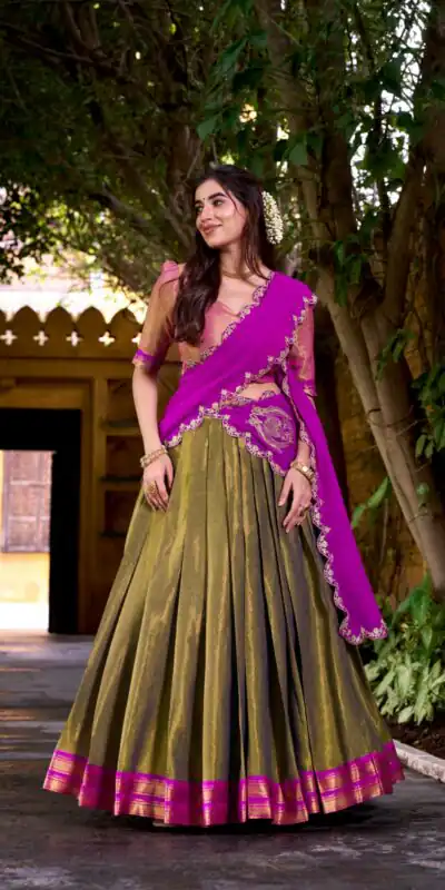 LNB 2009 Pink Discover elegance in Pink Kanchipuram Weaving Lehenga Choli, featuring stunning zari work and comfortable fit. Enhance your wardrobe today! | Creative Lehenga, Bollywood Lehenga, Designer Lehenga, Embroidered Lehenga, Lehenga, Party Wear Lehenga