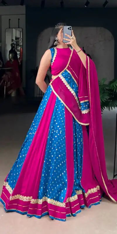 LNB 1673 Pink Color Tasar Silk Bandhej Print With Lace Touch Up Lehenga Choli Wedding, Party, Festive, Events Etc. Delivery 4-6 Working Days Rs 3099 | Creative Lehenga, Bollywood Lehenga, Designer Lehenga, Embroidered Lehenga, Lehenga, Party Wear Lehenga